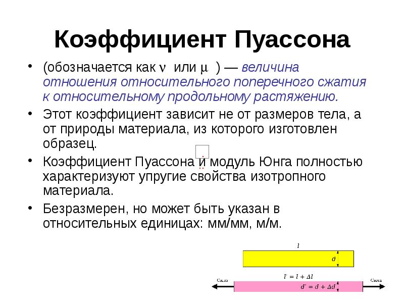 Сжатие c. Коэффициент Пуассона единицы измерения. Формулу для расчета коэффициента Пуассона:. От чего зависит коэффициент Пуассона. Коэффициент поперечного сжатия обозначается.