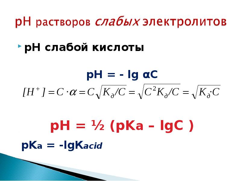 Формулы сильной и слабой кислоты. Формула расчета PH слабой кислоты. Как определить РН раствора соли.