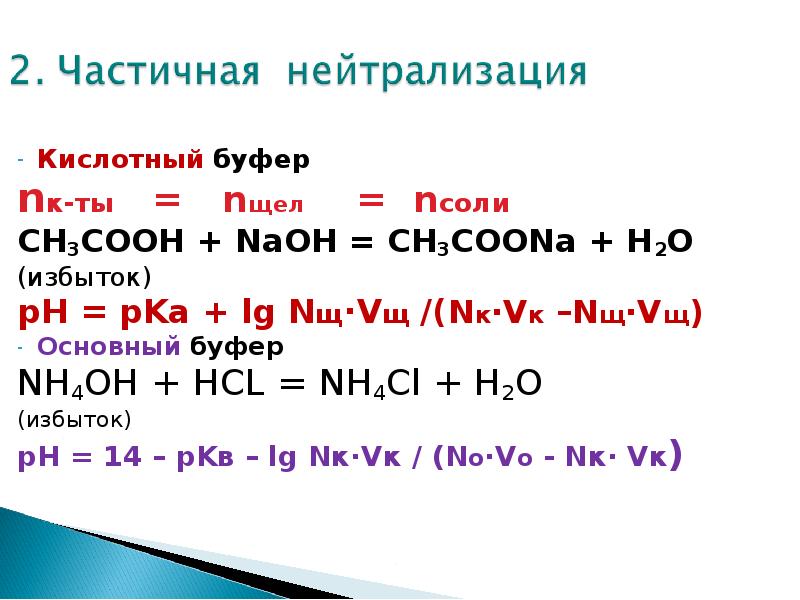 ...(избыток)pH = pKa + lg Nщ·Vщ /(Nк·Vк -Nщ·Vщ)Основный буфер NH4OH + HCL =...