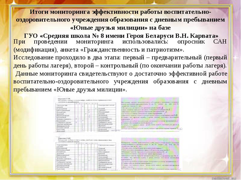 Итог мониторинга. Результаты мониторинга. Опросник Сан.