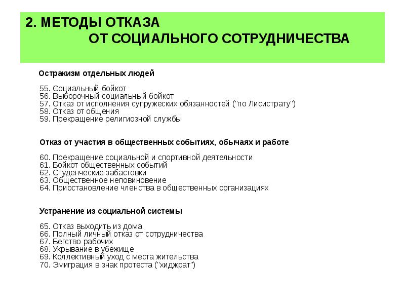 Социальный отказ. Метод отказа. Методы отказа от политического сотрудничества. . Метод социального сотрудничества: отказ. Метод до отказа.