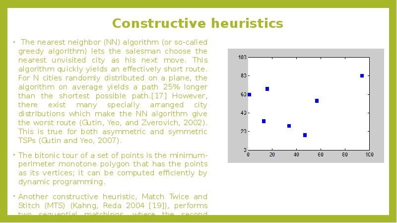 Constructive heuristics
The nearest neighbor (NN) algorithm (or so-called greedy Constructive heuristics
The nearest neighbor (NN) algorithm (or so-called greedy