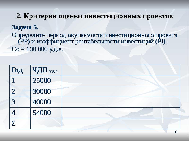 Задачи инвестиционных проектов