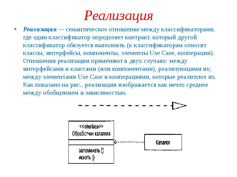 Реализация это. Отношение реализации. Отношение реализации примеры. Отношение реализации между классами. Базис языка визуального моделирования.