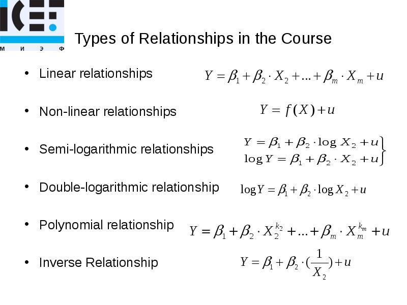 Types of Relationships in the Course
Linear relationships
Non-linear relationships
Semi-logarithmic Types of Relationships in the Course
Linear relationships
Non-linear relationships
Semi-logarithmic