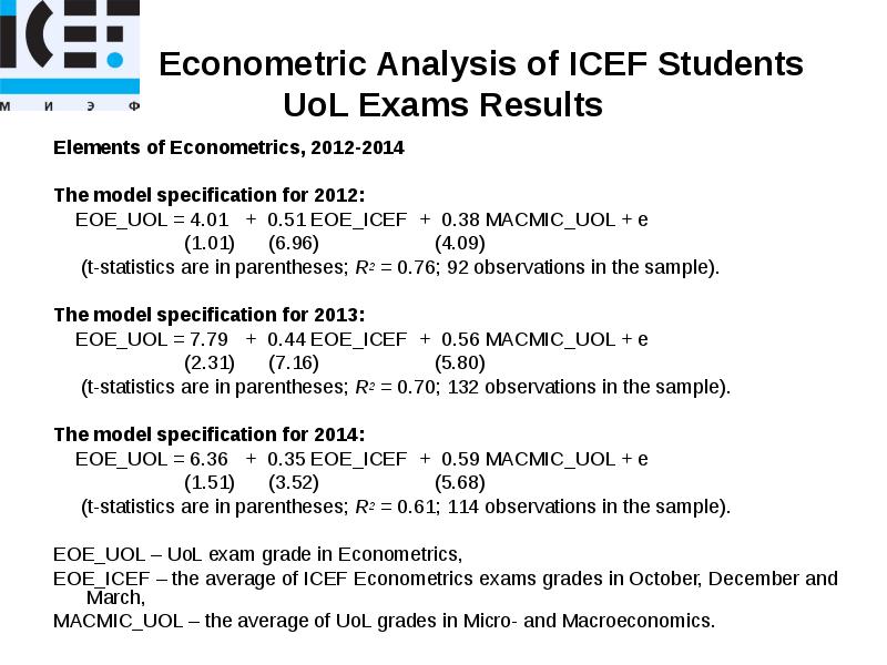 Econometric Analysis of ICEF Students UoL Exams Results
Elements of Econometrics, Econometric Analysis of ICEF Students UoL Exams Results
Elements of Econometrics,