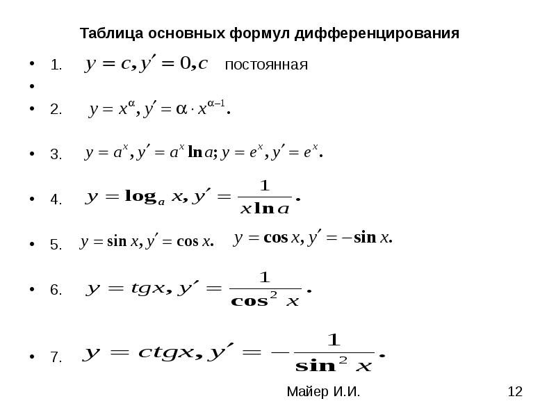 Правила дифференцирования таблица