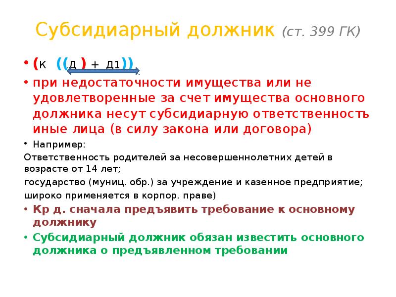 Субсидиарная гк рф. Основной должник в обязательстве и субсидиарный. Субсидиарное обязательство это. Требования к субсидиарному должнику. Субсидиарное обязательство это ГК.