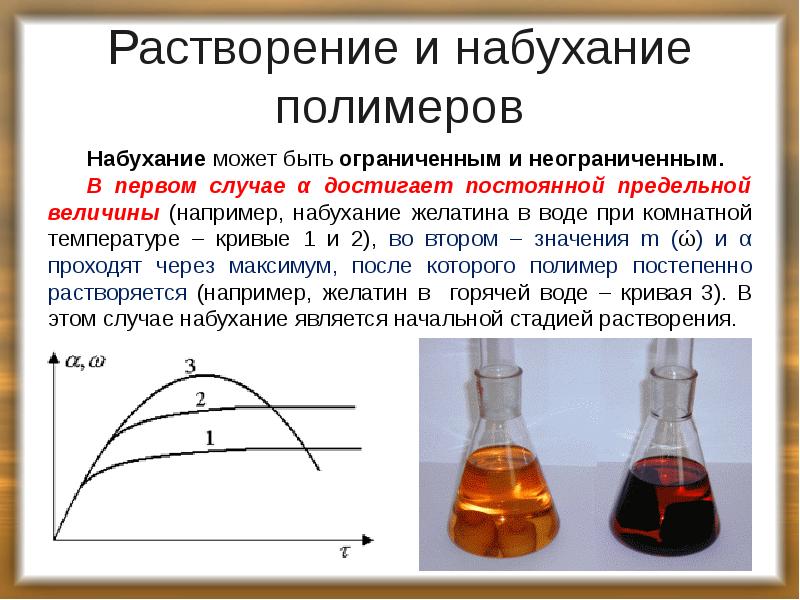 Растворение и набухание полимеров
Набухание может быть ограниченным и неограниченным.
Растворение и набухание полимеров
Набухание может быть ограниченным и неограниченным.
