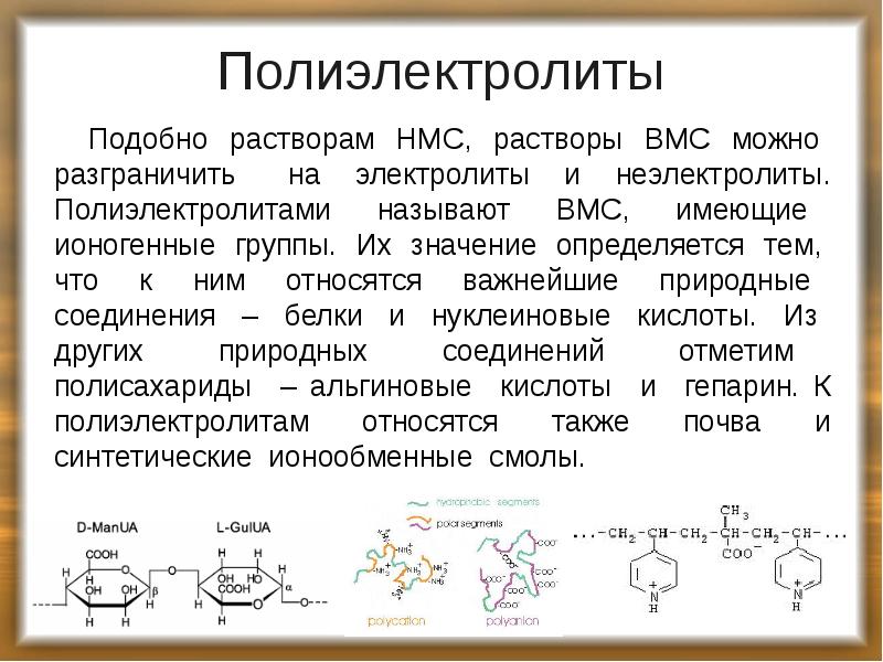 Полиэлектролиты
Подобно растворам НМС, растворы ВМС можно разграничить на электролиты Полиэлектролиты
Подобно растворам НМС, растворы ВМС можно разграничить на электролиты