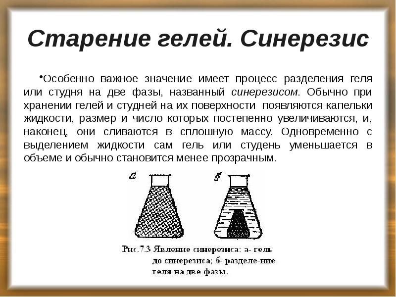 Старение гелей. Синерезис
Особенно важное значение имеет процесс разделения геля или Старение гелей. Синерезис
Особенно важное значение имеет процесс разделения геля или