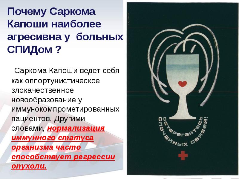 Саркома Капоши ведет себя как оппортунистическое злокачественное новообразование у иммунокомпрометированных пациентов.