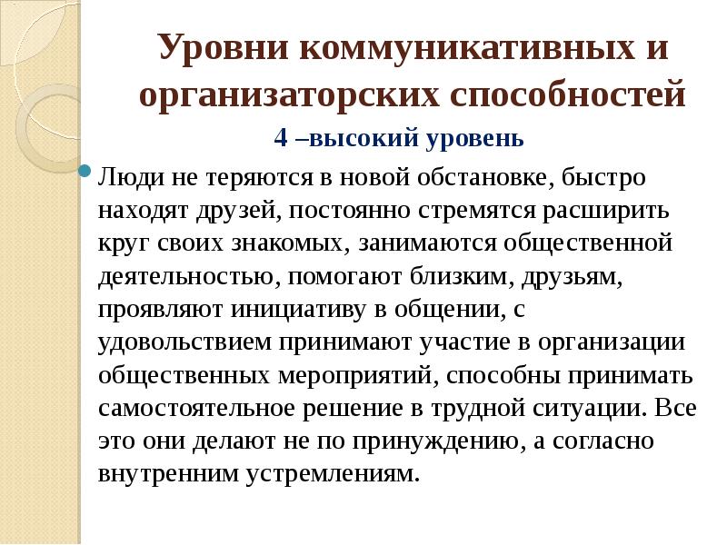 Организаторско коммуникативная. Коммуникативные и организаторские способности. Уровни организаторских способностей. Низкий уровень коммуникативных и организаторских способностей. Высокий уровень коммуникативных способностей.