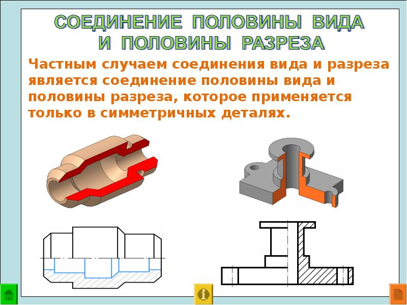 В каком случае при симметричных изображениях вида и разреза нельзя соединять их половины