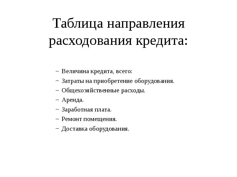 Таблица направления расходования кредита:
 Величина кредита, всего:
 Затраты на приобретение оборудования.
