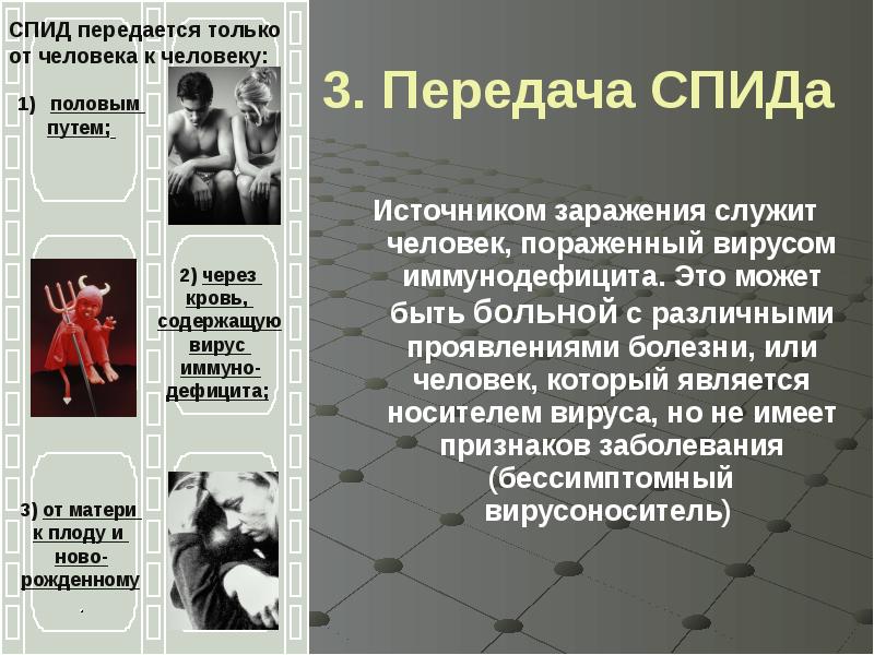 3. Передача СПИДа  Источником заражения служит человек, пораженный вирусом иммунодефицита.