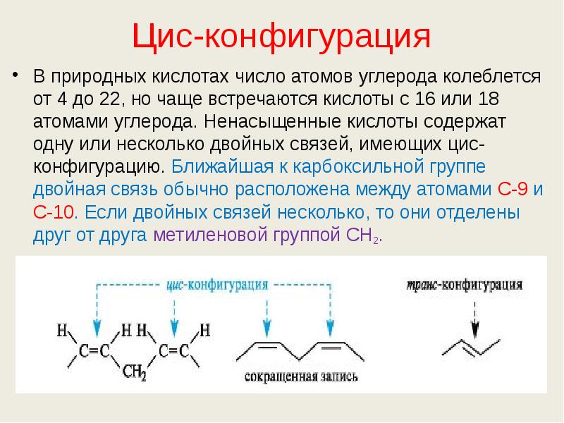 Цис-конфигурация В природных кислотах число атомов углерода колеблется от 4 до