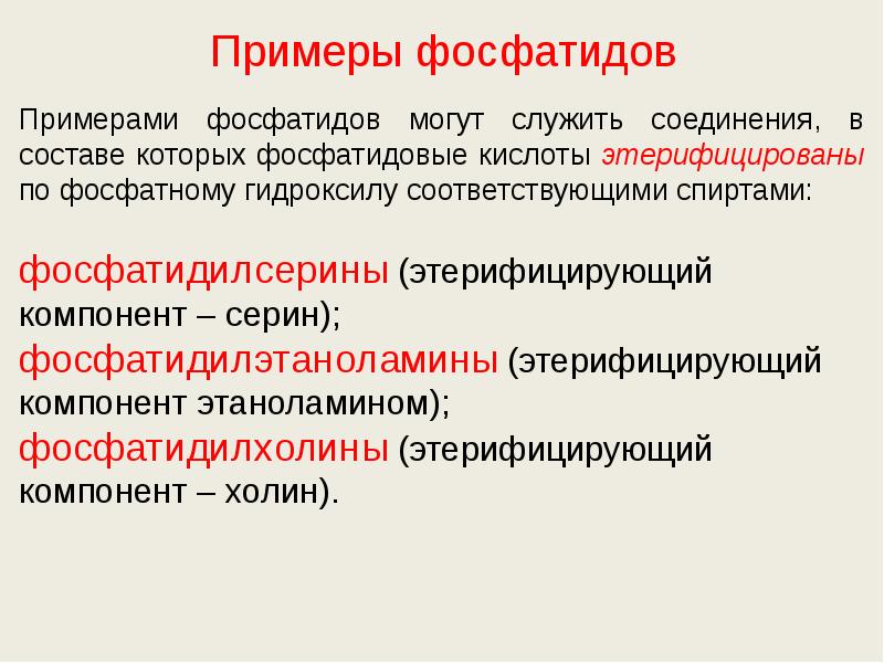 Примеры фосфатидов Примерами фосфатидов могут служить соединения, в составе которых фосфатидовые
