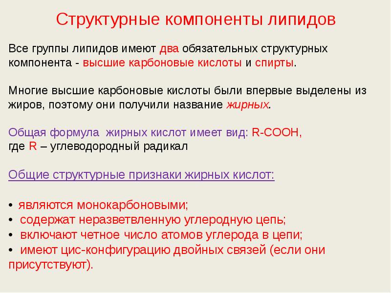 Структурные компоненты липидов  Все группы липидов имеют два обязательных структурных