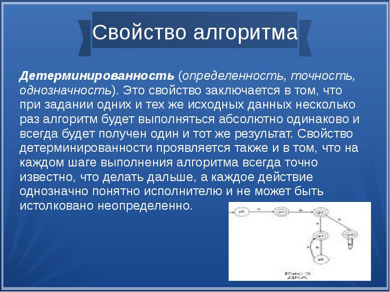 Алгоритма заключается в том что. Свойства алгоритма детерминированность. Свойство определенности алгоритма. Свойство определенности алгоритма обозначает. Детерминированность алгоритма пример.