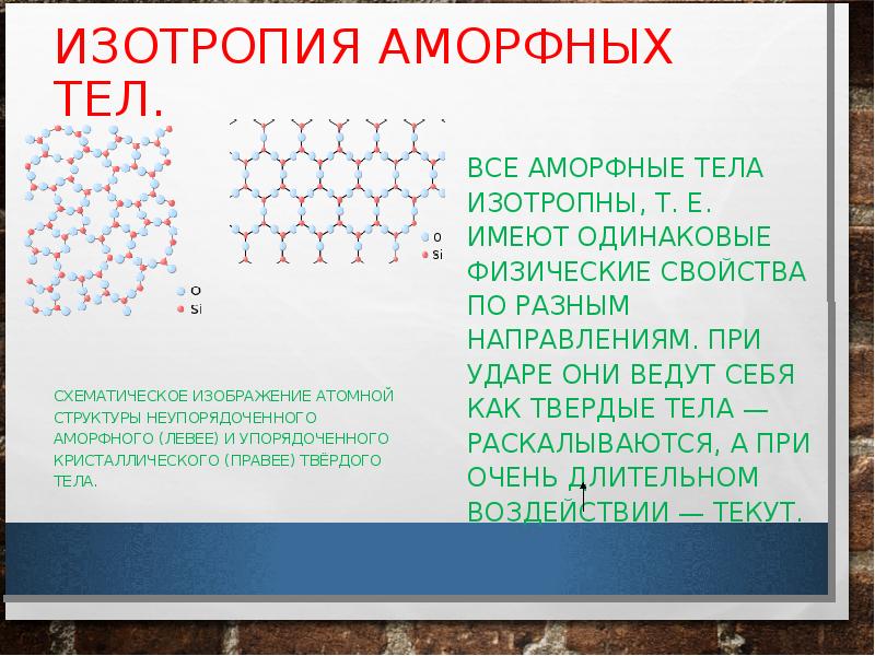 ИЗОТРОПИЯ АМОРФНЫХ ТЕЛ.
СХЕМАТИЧЕСКОЕ ИЗОБРАЖЕНИЕ АТОМНОЙ СТРУКТУРЫ НЕУПОРЯДОЧЕННОГО АМОРФНОГО (ЛЕВЕЕ) И ИЗОТРОПИЯ АМОРФНЫХ ТЕЛ.
СХЕМАТИЧЕСКОЕ ИЗОБРАЖЕНИЕ АТОМНОЙ СТРУКТУРЫ НЕУПОРЯДОЧЕННОГО АМОРФНОГО (ЛЕВЕЕ) И