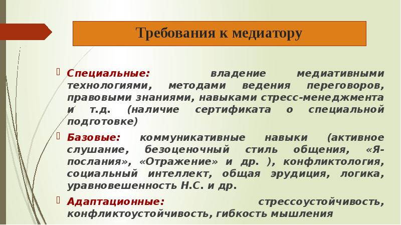 Требование стиль. Схема: «требования к медиатору». Качества медиатора. Требования к школьным медиатора. Функции медиации в конфликте.