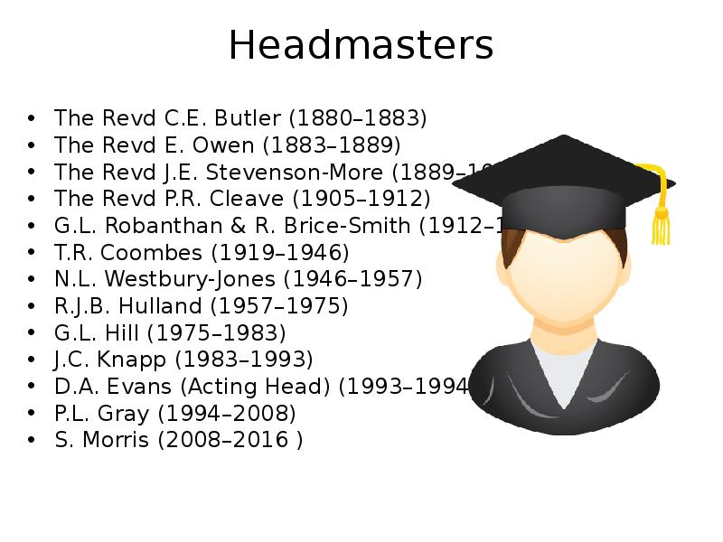 Headmasters  The Revd C.E. Butler (1880–1883) The Revd E. Owen