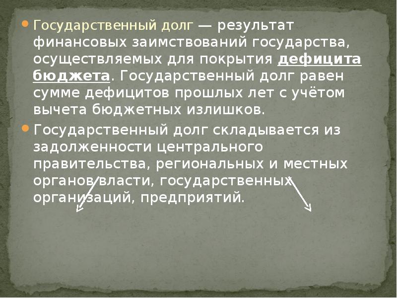 Государственный долг это сумма предшествующих бюджетных излишек. Долг складывается.