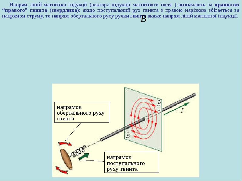 Напрям ліній магнітної індукції (вектора індукції магнітного поля ) визначають за