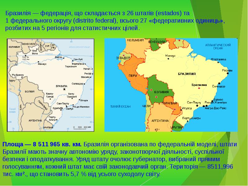 Бразилия по площади занимает место. Площадь Бразилии в кв.км. Характеристика Бразилии. Площадь Бразилии. Описать Бразилию по плану.