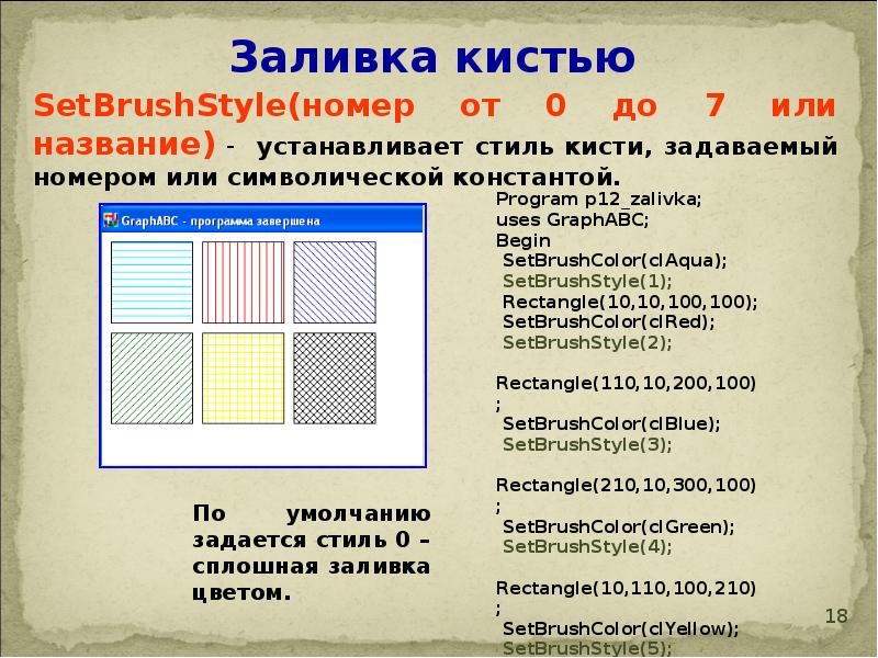 Залить фигуру цветом. Модуль GRAPHABC В Pascal ABC. Штриховка в Паскале. Штриховка в Паскале ABC. Стили заливки в Паскале.