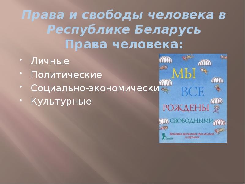 Права и свободы человека в Республике Беларусь Права человека:
Личные
Права и свободы человека в Республике Беларусь Права человека:
Личные