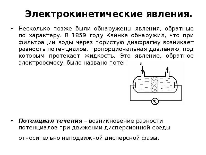 Несколько позже. Коллоидная химия электрокинетические явления. Обратные электрокинетические явления. Потенциал протекания коллоидная химия. Оптические и электрокинетические явления.