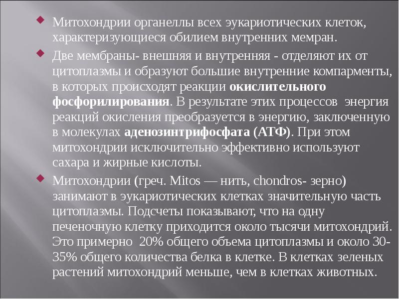 Митохондрии органеллы всех эукариотических клеток, характеризующиеся обилием внутренних мемран.  Две