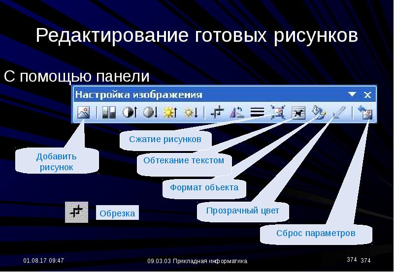 С помощью какой панели инструментов можно отредактировать готовую картинку на слайде