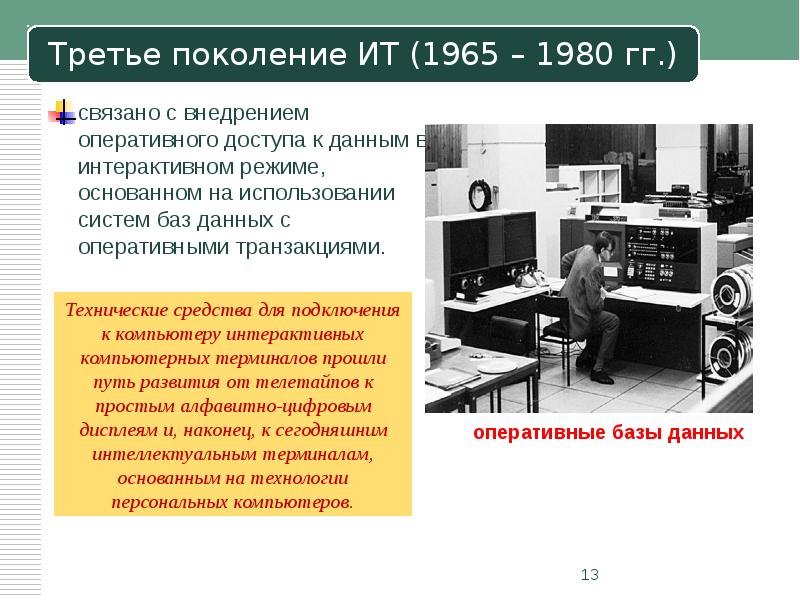 Треть поколения. Третье поколение (1965-1980). III поколение (1965 - 1980). Оперативного доступа к данным в интерактивном режиме 1965 - 1980 гг. Оперативного доступа к данным в интерактивном режиме.