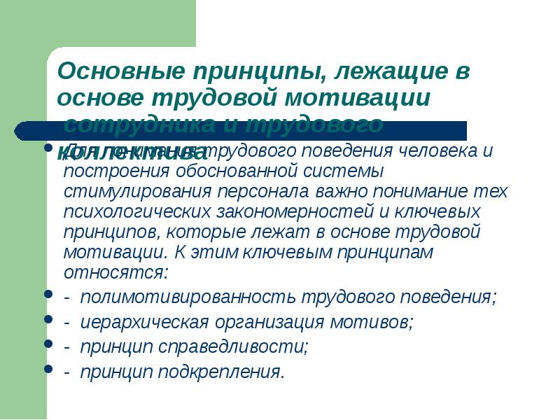 Обоснованная система. Принципы стимулирования труда. Принципы мотивации и стимулирования. Полимотивированность трудового поведения. Принципы построения системы стимулирования.