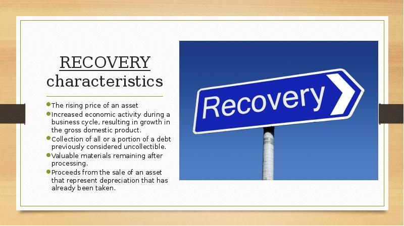 RECOVERY characteristics
The rising price of an asset
Increased economic activity RECOVERY characteristics
The rising price of an asset
Increased economic activity