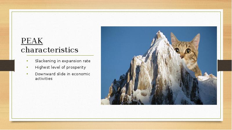 PEAK characteristics
Slackening in expansion rate
Highest level of prosperity
PEAK characteristics
Slackening in expansion rate
Highest level of prosperity