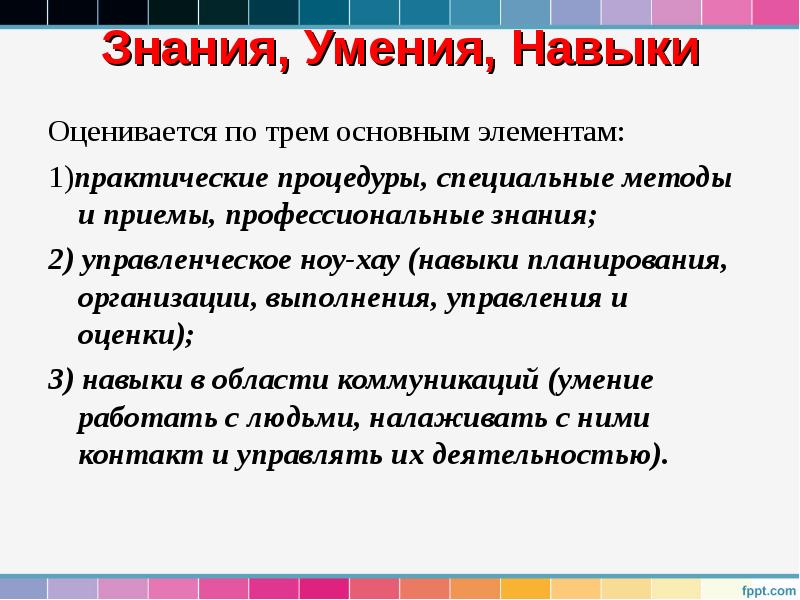 Знания, Умения, Навыки
Оценивается по трем основным элементам:
1)практические Знания, Умения, Навыки
Оценивается по трем основным элементам:
1)практические