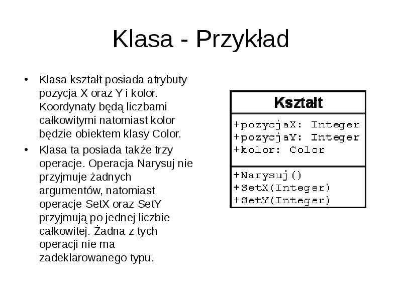 Klasa - Przykład Klasa kształt posiada atrybuty pozycja X oraz Y