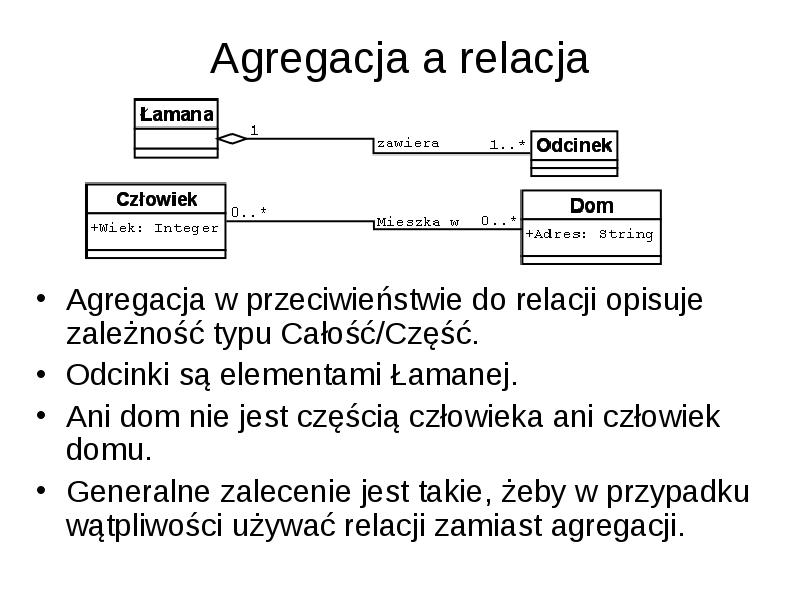 Agregacja a relacja Agregacja w przeciwieństwie do relacji opisuje zależność typu