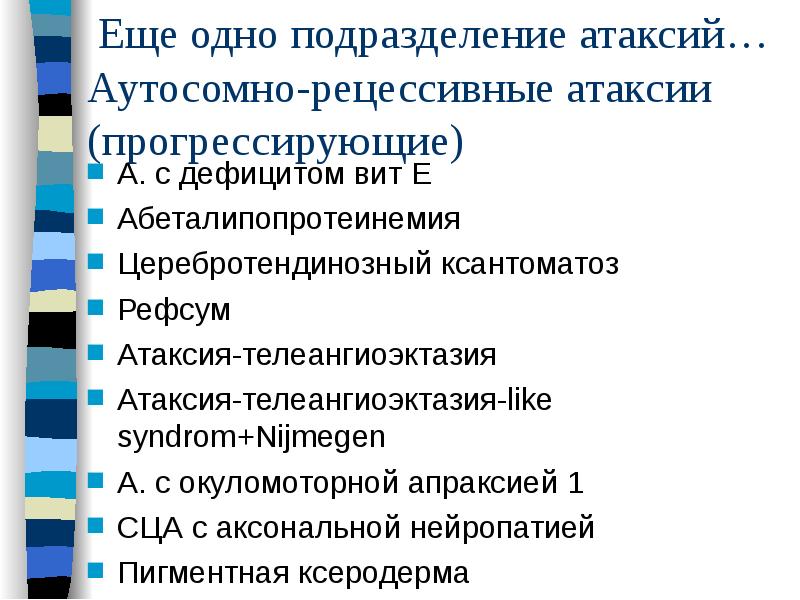 Еще одно подразделение атаксий…Аутосомно-рецессивные атаксии (прогрессирующие)
А. с дефицитом вит Е
Еще одно подразделение атаксий…Аутосомно-рецессивные атаксии (прогрессирующие)
А. с дефицитом вит Е