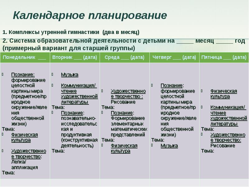 Календарное планирование новый год