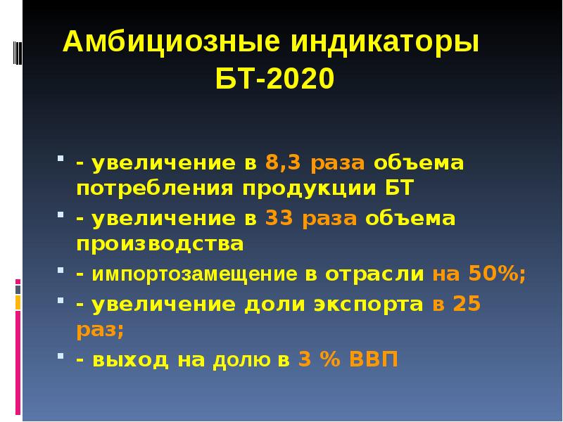 Амбициозные индикаторы  БТ-2020 - увеличение в 8,3 раза объема потребления