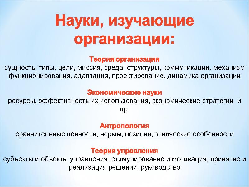 Организация науки. Науки изучающие организации. Что изучает наука. Какие системы изучает теория организации. Теории изучения фирмы.