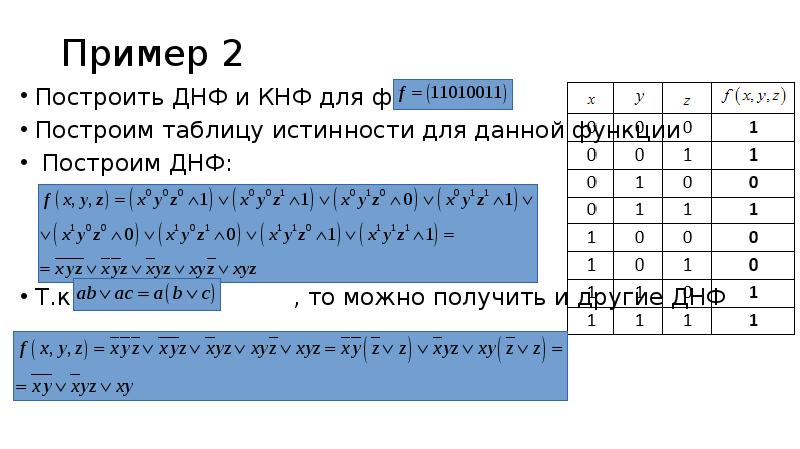 Таблица истинности днф