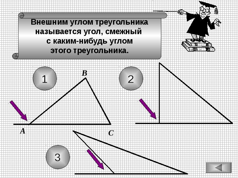 Презентация внешние углы треугольника. Внешним углом треугольника называется. Внешним углом треугольника называется угол смежный с каким-нибудь. Внешние смежные углы треугольника. Внешним углом треугольника называется угол смежный.