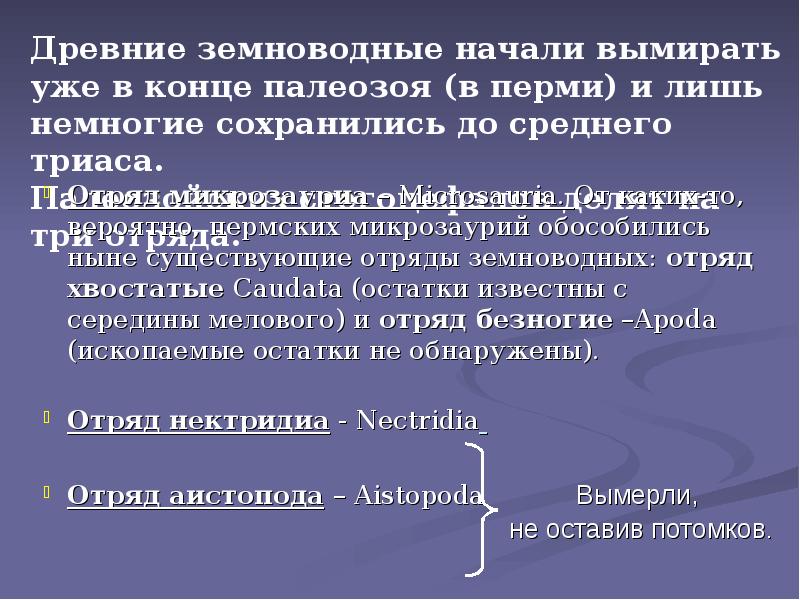 Древние земноводные начали вымирать уже в конце палеозоя (в перми) и Древние земноводные начали вымирать уже в конце палеозоя (в перми) и