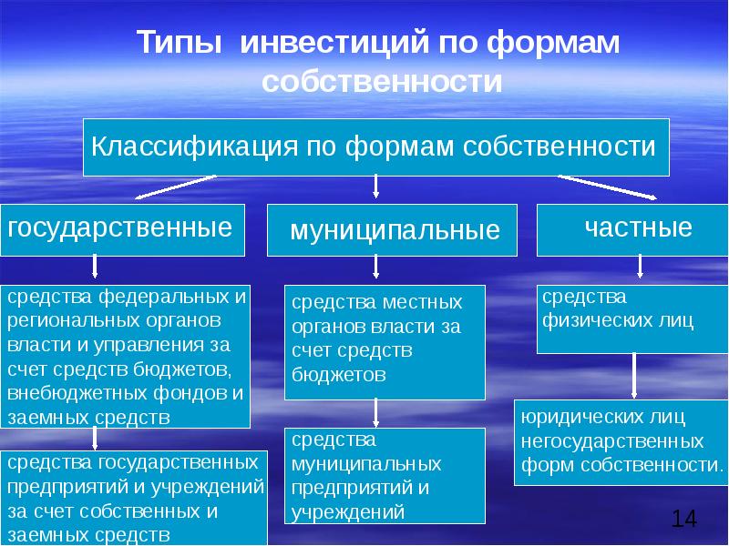 Частные средства. По формам собственности инвестиции классифицируются на:. Виды инвестиций по формам собственности. Экономическая оценка инвестиций. Муниципальное имущество подразделяется на.